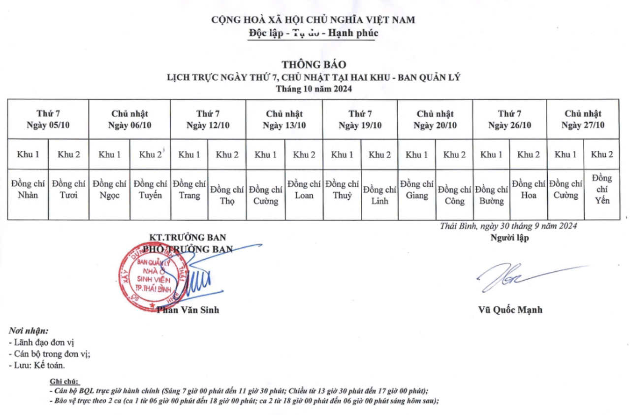 Lịch trực tháng 10 năm 2024